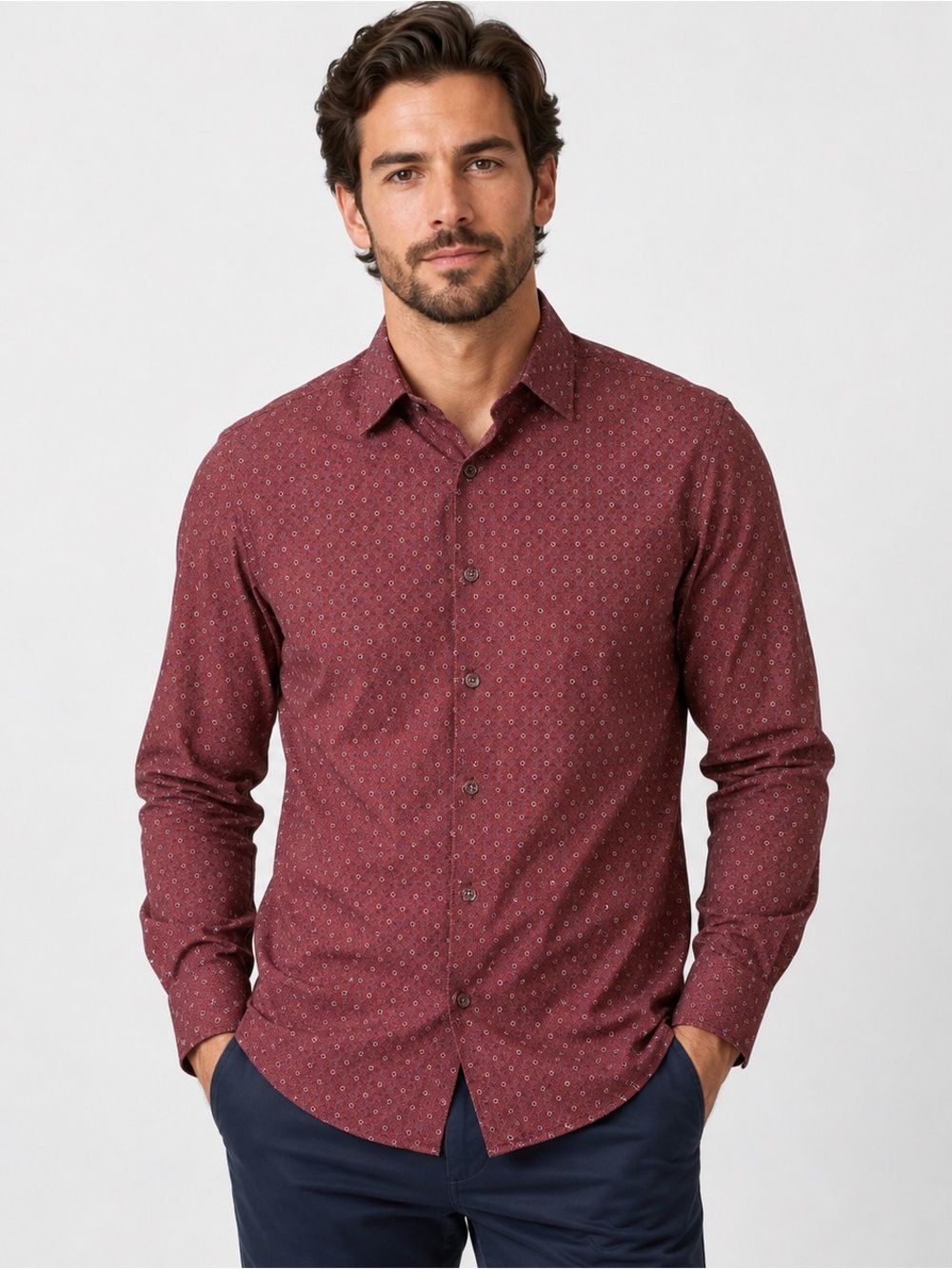 Raffi Men's Medium 100% Cotton Button Front Shirt Burgundy Geometric Print